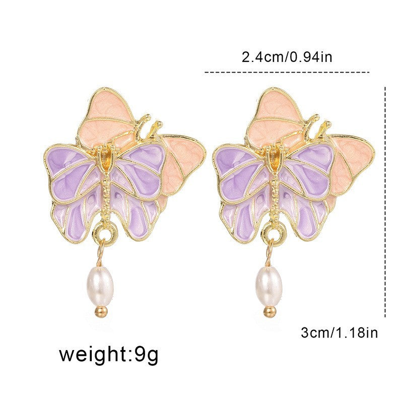 French Butterfly Oil Drop Pink Fashionable Retro Hong Kong Style Earrings For Women, Gentle And Super Fairy Pearl Personality Earrings